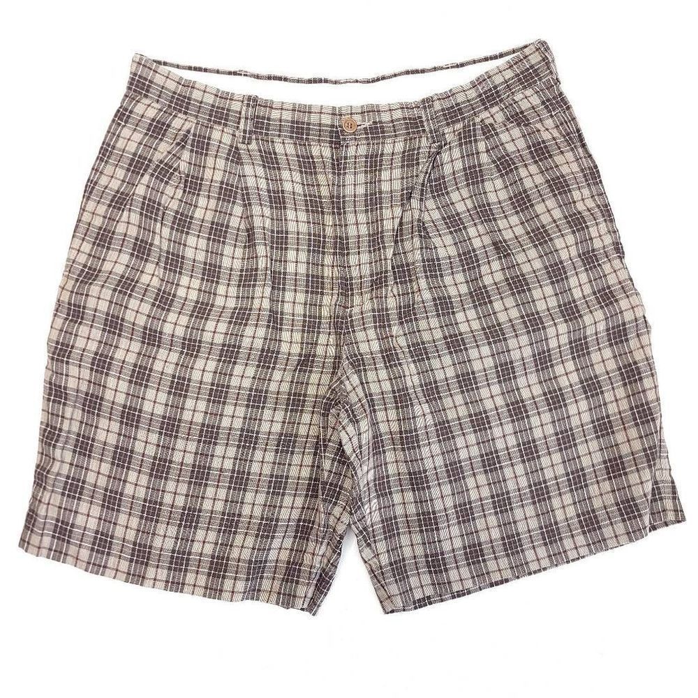 Brooks Brothers Shorts Men's 34x9 Irish 100% Linen Gingham Plaid Brown EUC